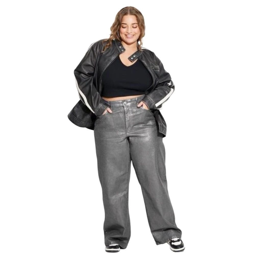 Wild Fable Women's High-Rise Baggy Jeans Metallic Shimmer Grey Size 17